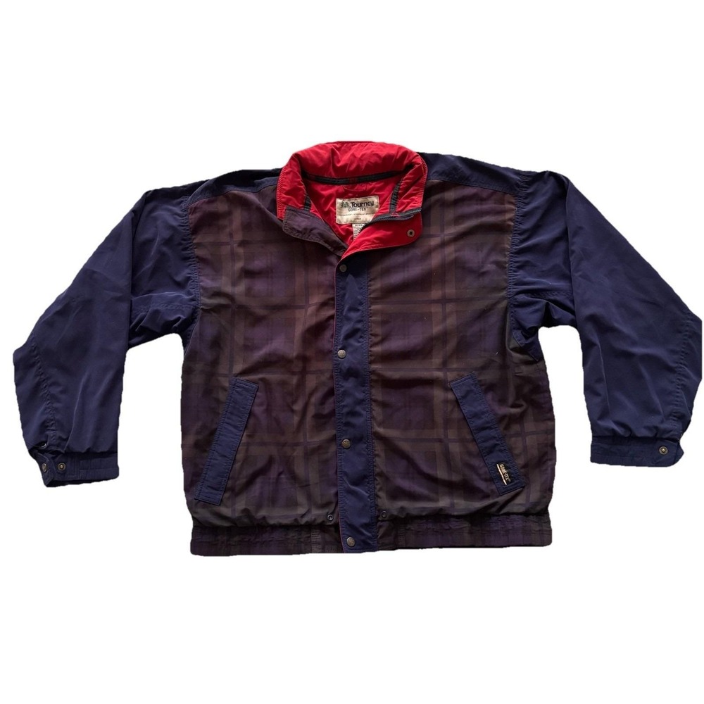 Vintage Tourney Gore Tex Plaid Navy‎ Windbreaker Jacket Mens Large Full Zip/Snap